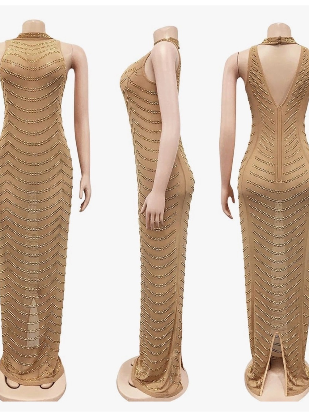 NWOT Gold Halter Maxi Dress with Bead Detailing, See Through, Small - Picture 7 of 8
